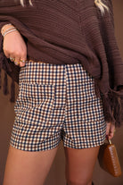 Brown Plaid Pocket-Front Shorts — front view.