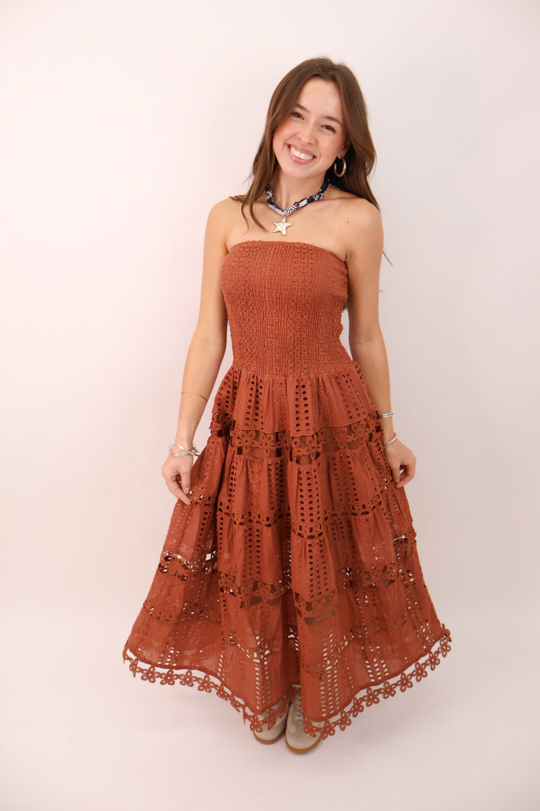 Strapless Eyelet Midi Dress - Rust