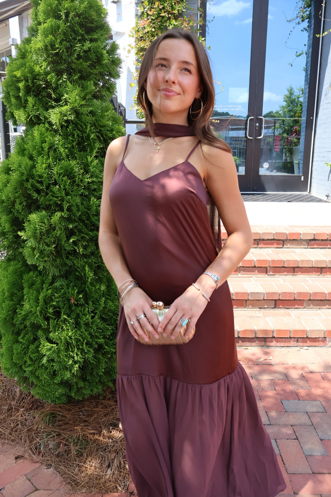 Chocolate brown satin slip maxi dress with adjustable straps and a detachable neck scarf
