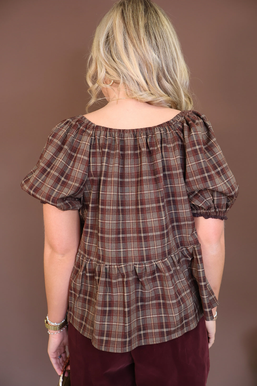 Brown Plaid Puff Sleeve Babydoll Top — back view.