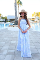 Blue & White Scalloped Strapless Maxi Dress