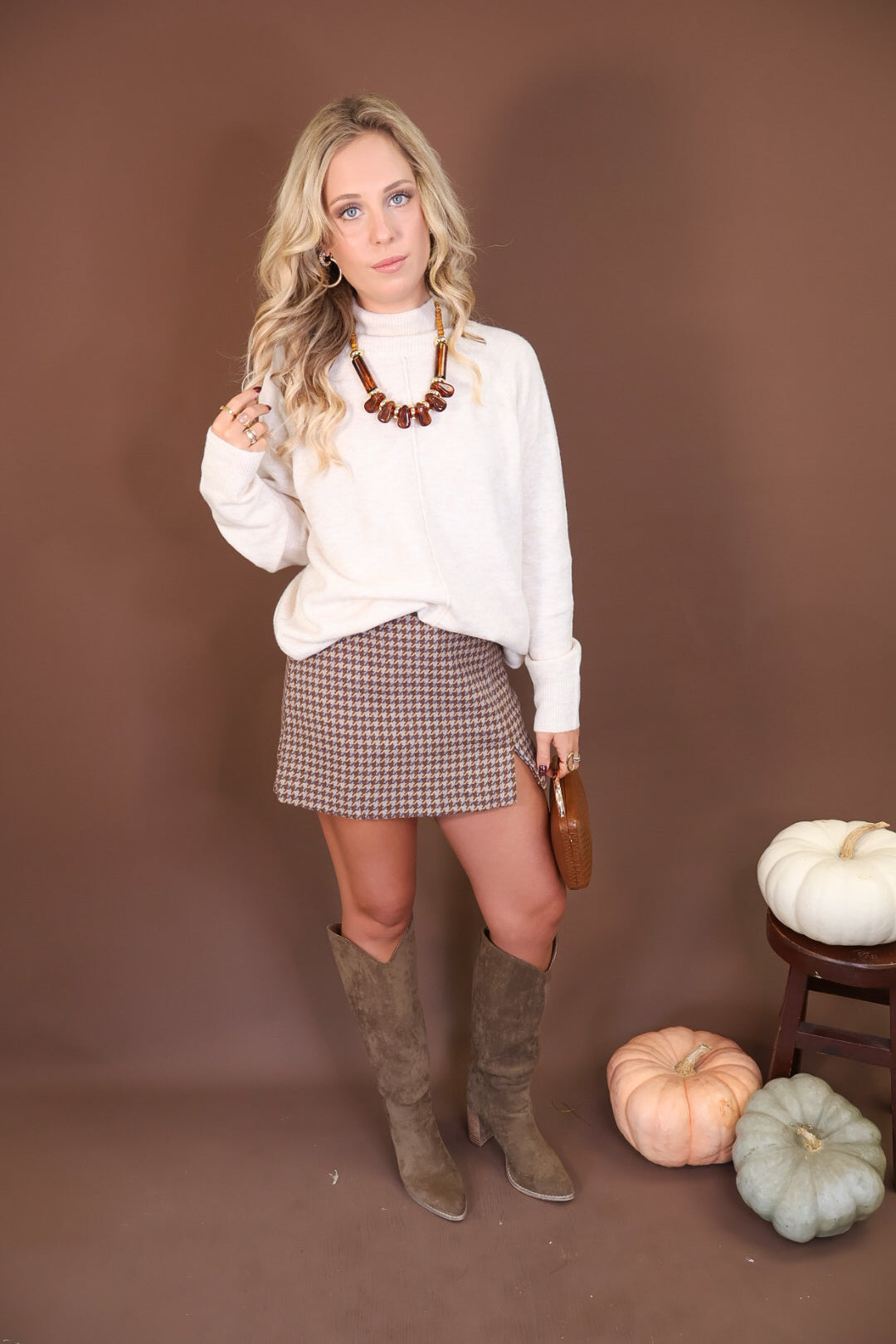 Brown Houndstooth Mini Skort — full outfit.