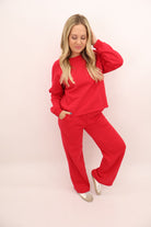 Casual Raglan Top and Pants Set - Red