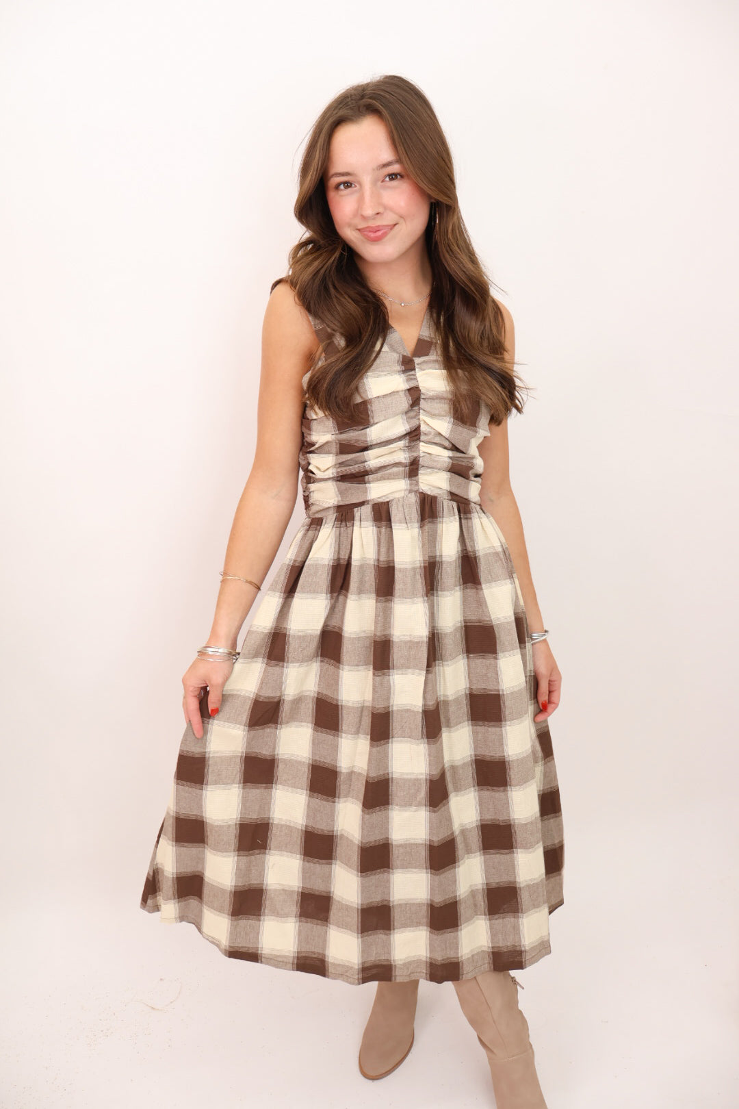 Brown Plaid Sleeveless Midi Dress