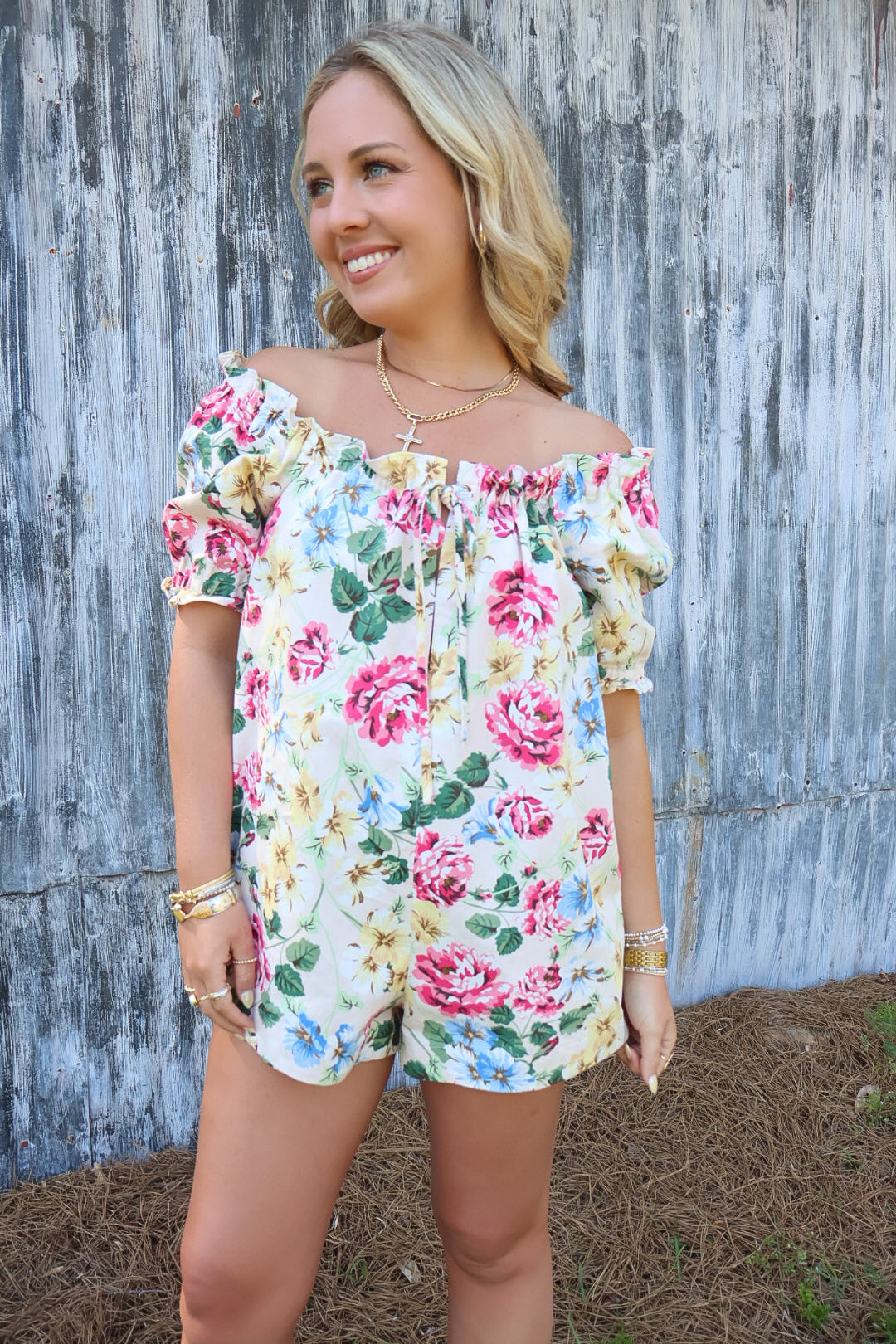 Cream Floral Off-The-Shoulder Babydoll Romper