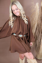 Chocolate balloon sleeve satin mini dress with mock neckline and elastic waist