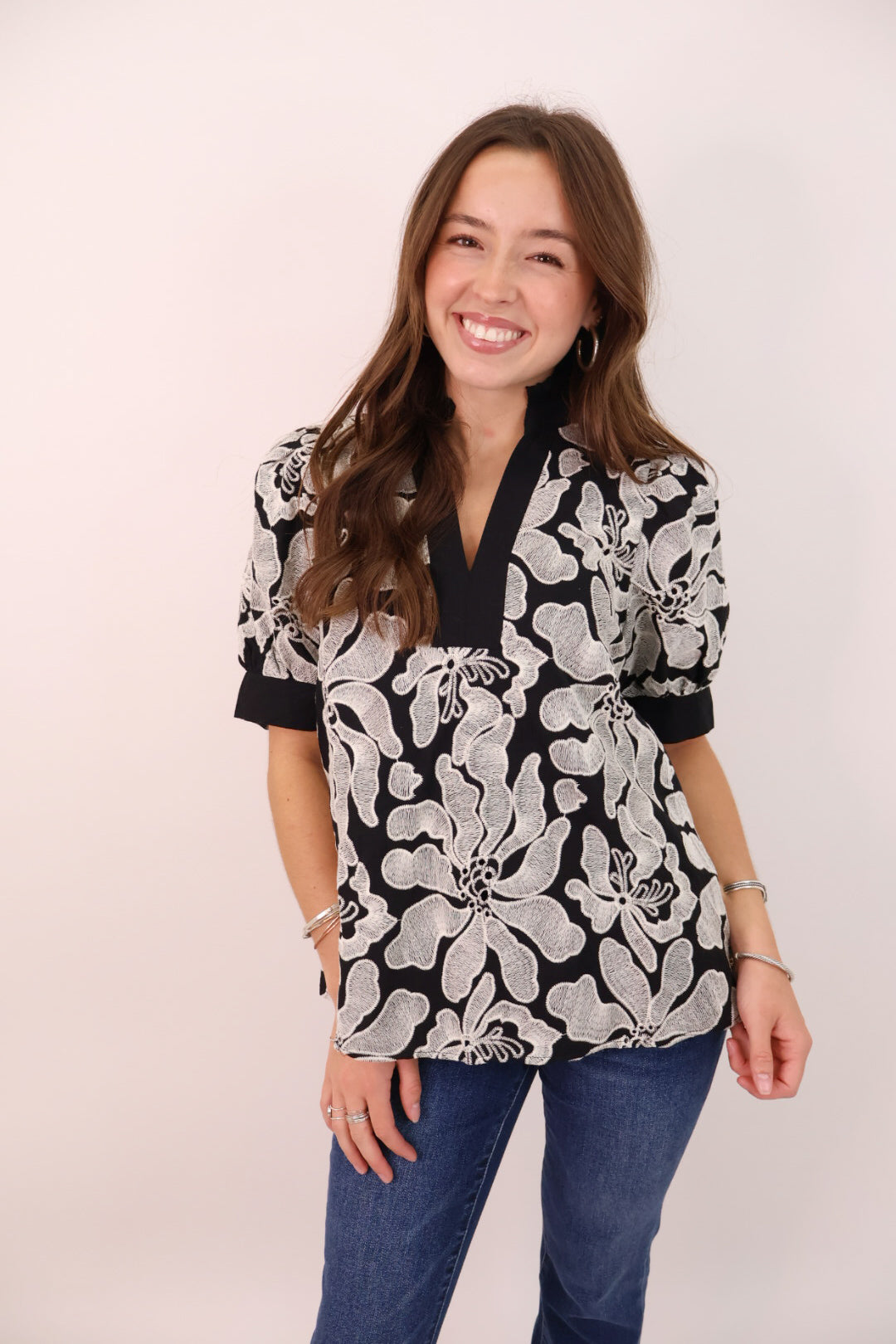 Black Embroidered Puff Sleeve Top