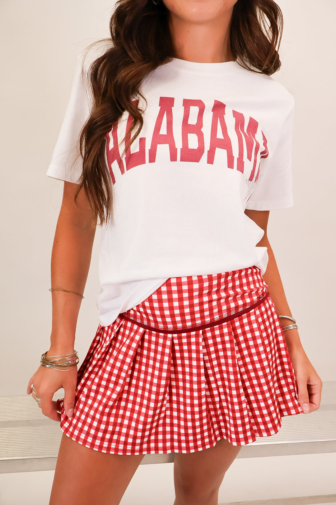 Crimson gingham pleated skort with built-in shorts — view 3