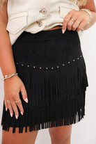 Studded Fringe Suede Skirt - Black