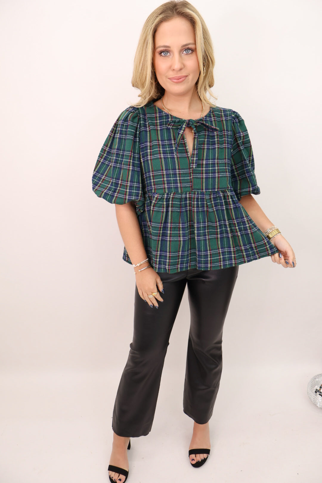 Plaid Babydoll Tie Front Top - Green