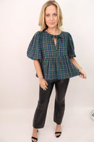 Plaid Babydoll Tie Front Top - Green