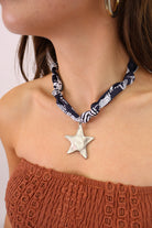 Navy Scarf Necklace - Silver Artisan Star Charm