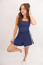 Varsity Pleated Athletic Romper - Navy