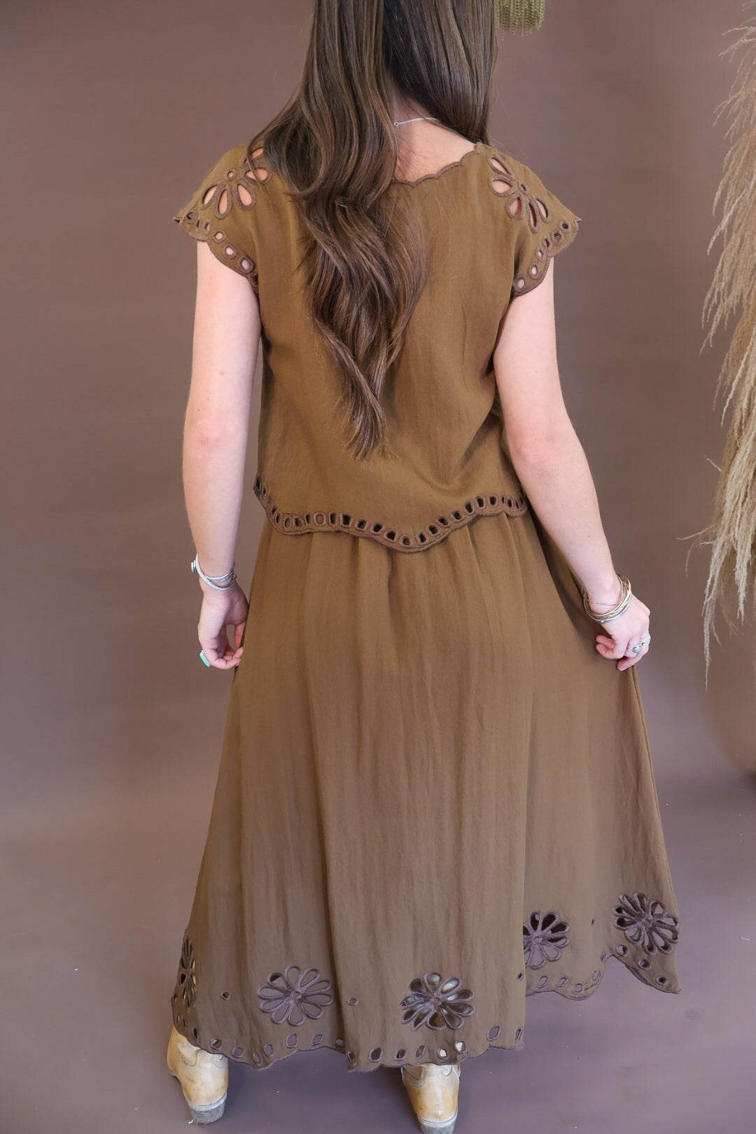 Chocolate eyelet cutout boxy top and skirt set