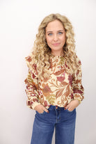 Burgundy & Rust Floral Ruffle Shoulder Top