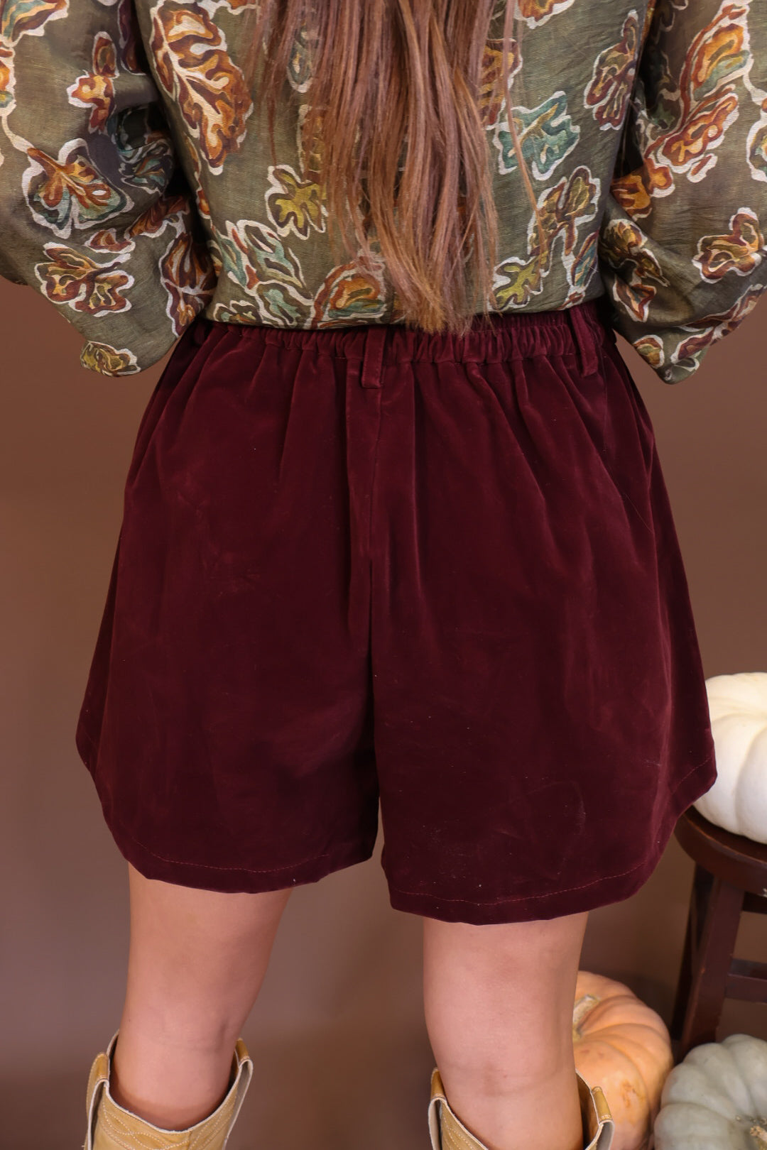 Burgundy Brushed Velvet Trouser Shorts — back view showing elasticated waistband.