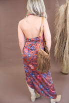 Rust floral satin cowl neck maxi dress with open back