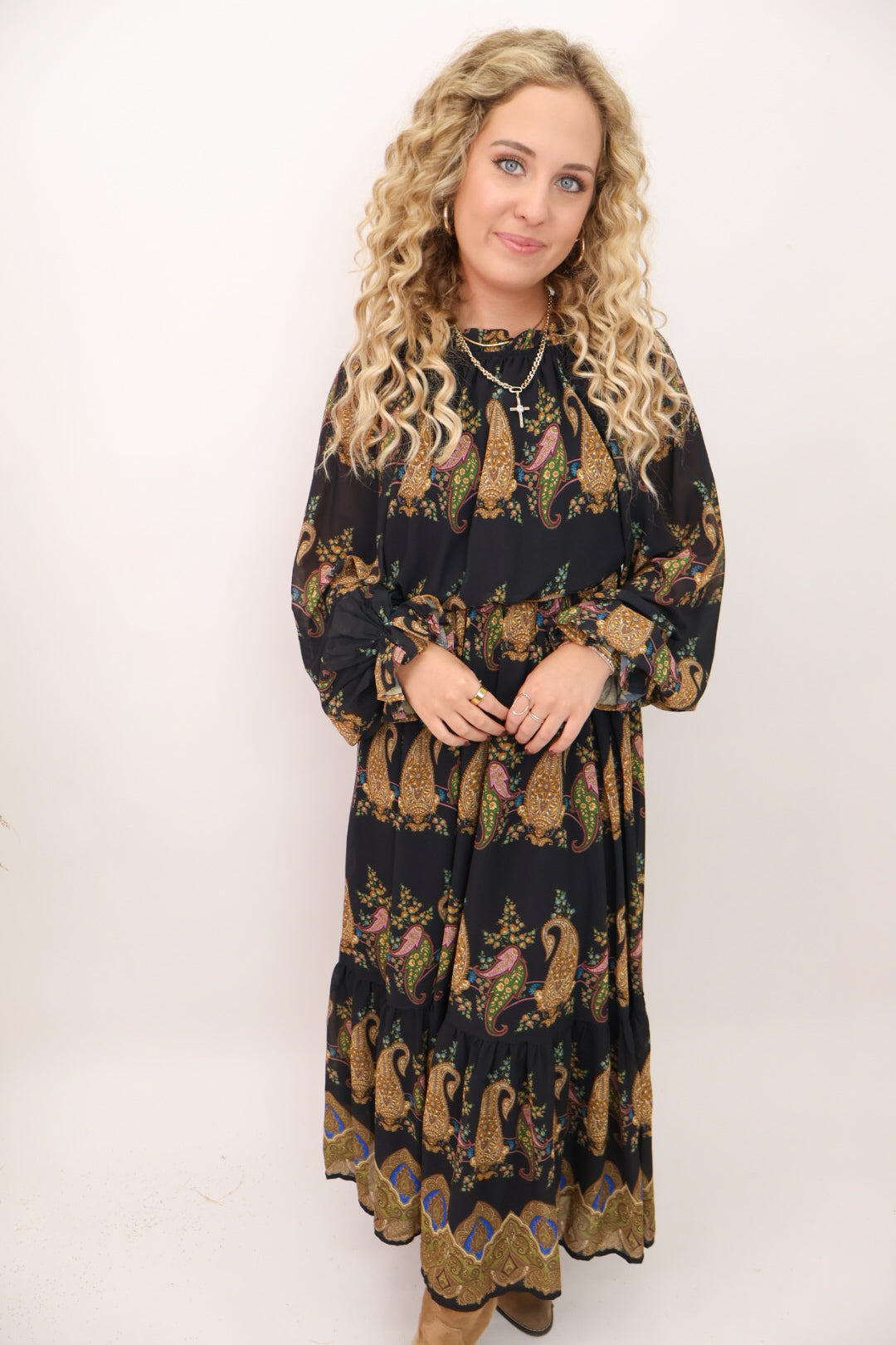 Black Paisley Smocked Maxi Dress