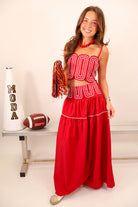 Crimson and White Trimmed Crop Top & Midi Skirt