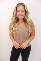 Split Neck Pullover Sweater - Tan