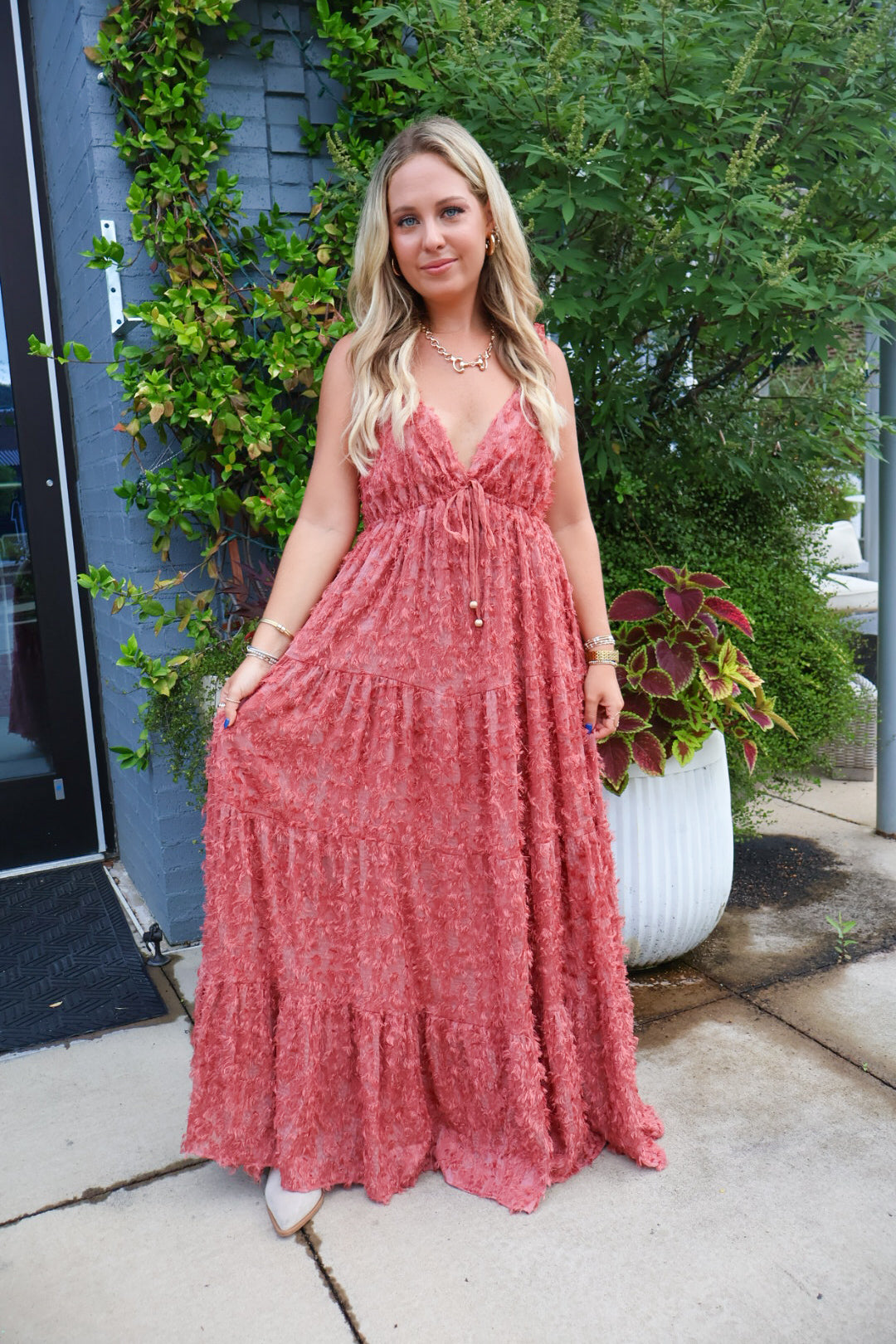Rosewood Fringe Textured Maxi Dress