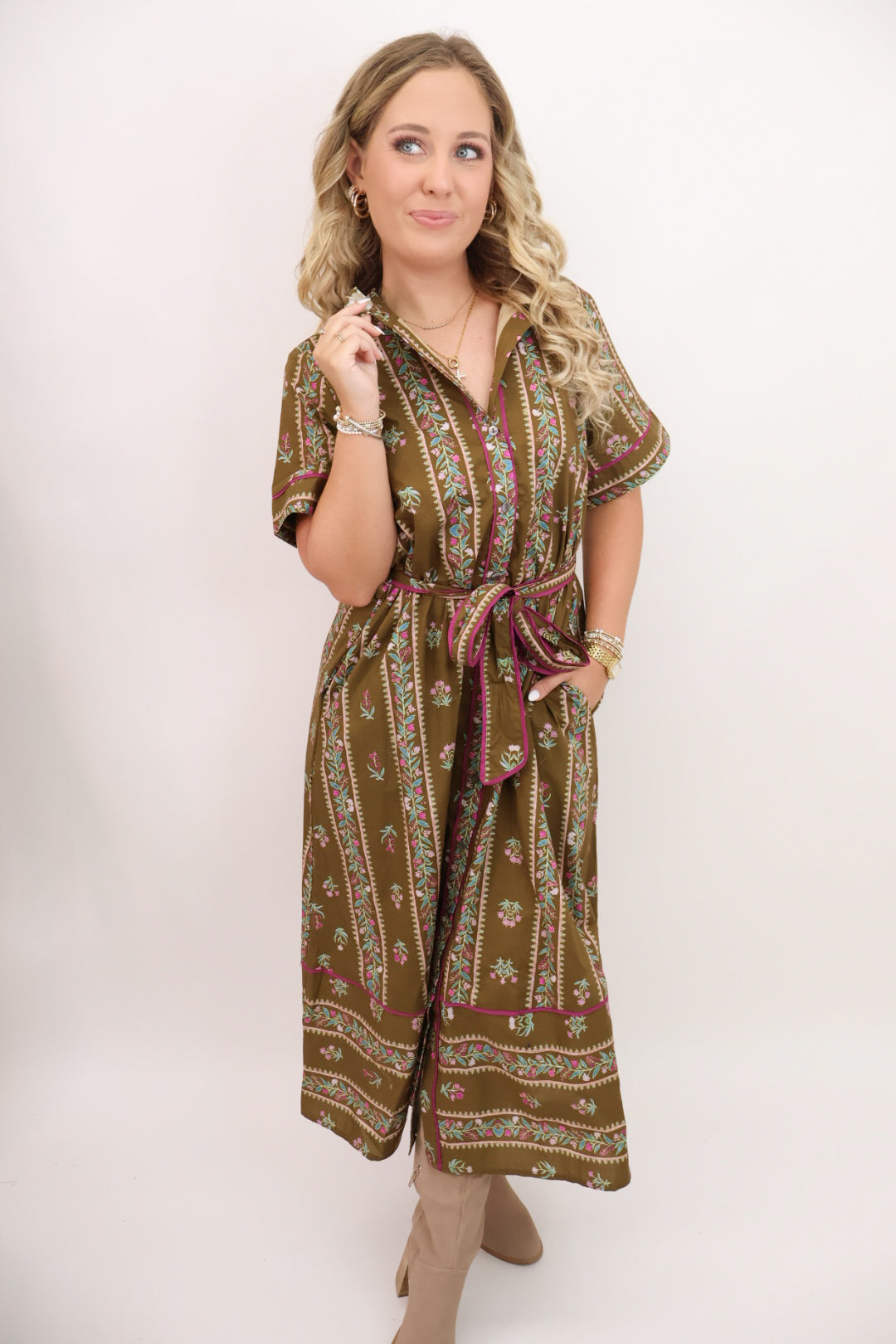 Olive & Magenta Border Print Midi Dress