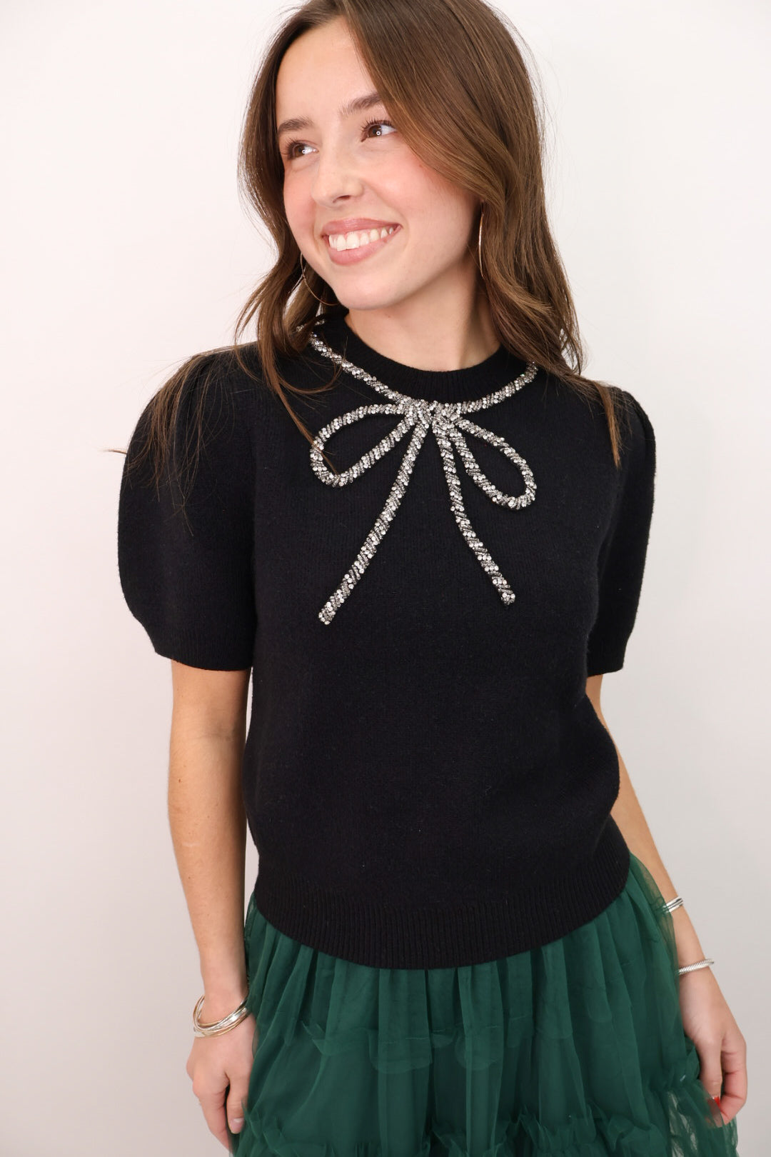 Short Sleeve Beaded Bow Sweater - Black