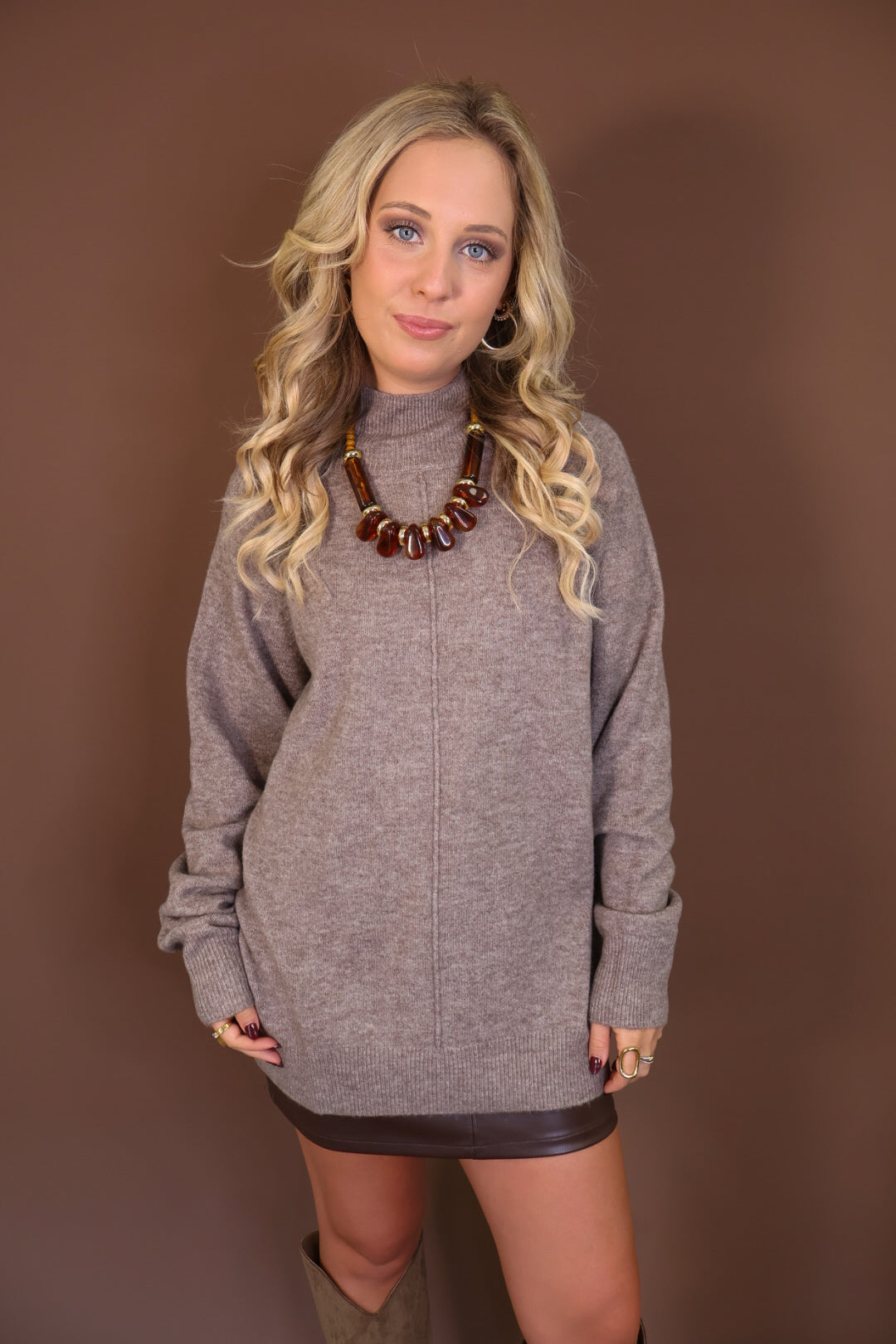 Mocha Mock Neck Tunic Sweater — front view.
