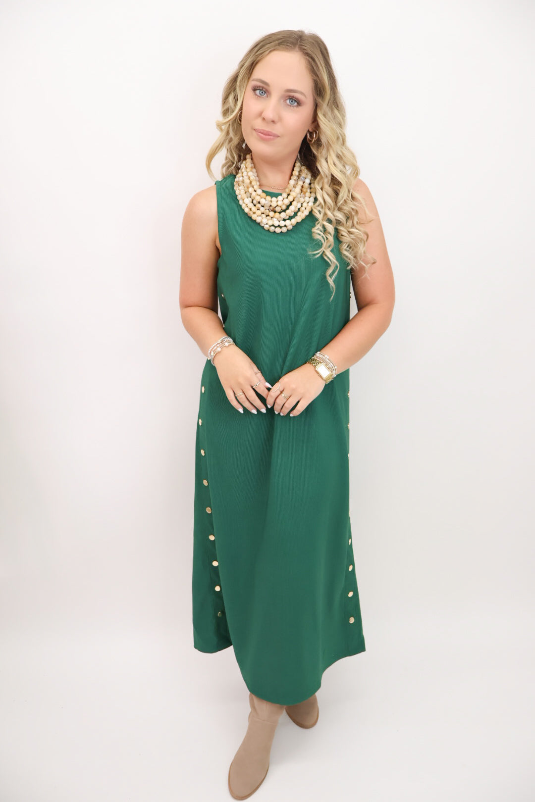 Gold Studded Sleeveless Midi Dress - Green