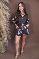 Model wearing the Brown Embroidered Short Set from Moda Boutique