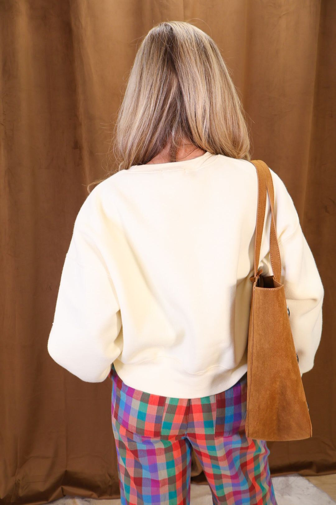Cream cropped mallard graphic sweatshirt — back view.
