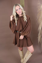 Chocolate balloon sleeve satin mini dress with mock neckline and elastic waist