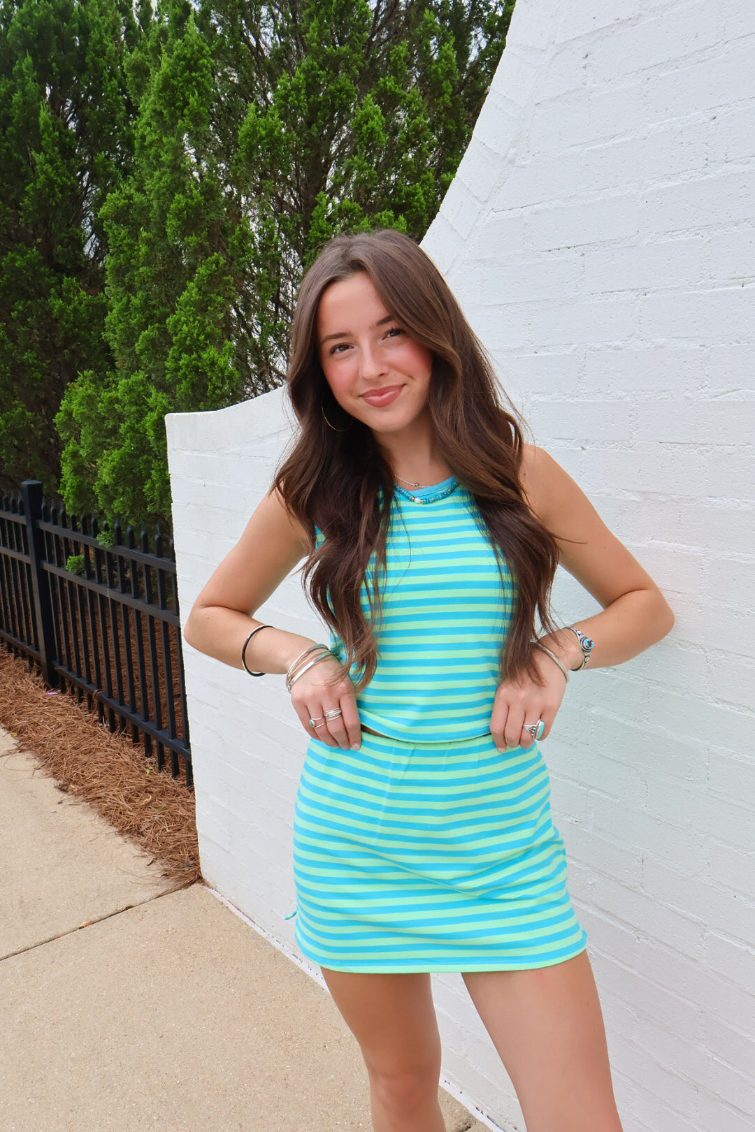 Blue/ green striped skort set