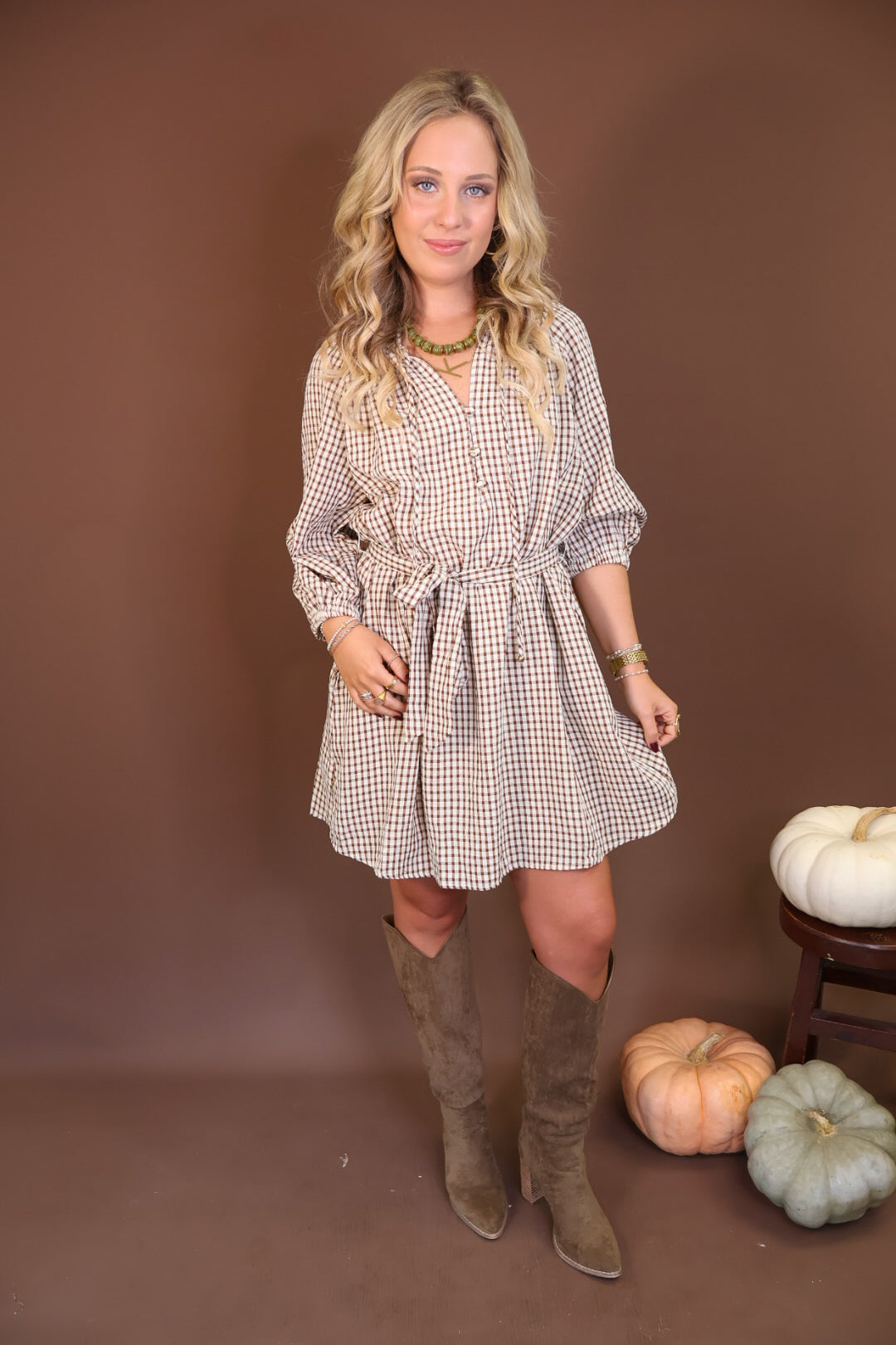 Brown Plaid Tie-Waist Shirt Dress — full outfit with boots.