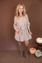 Brown Plaid Tie-Waist Shirt Dress — full outfit with boots.