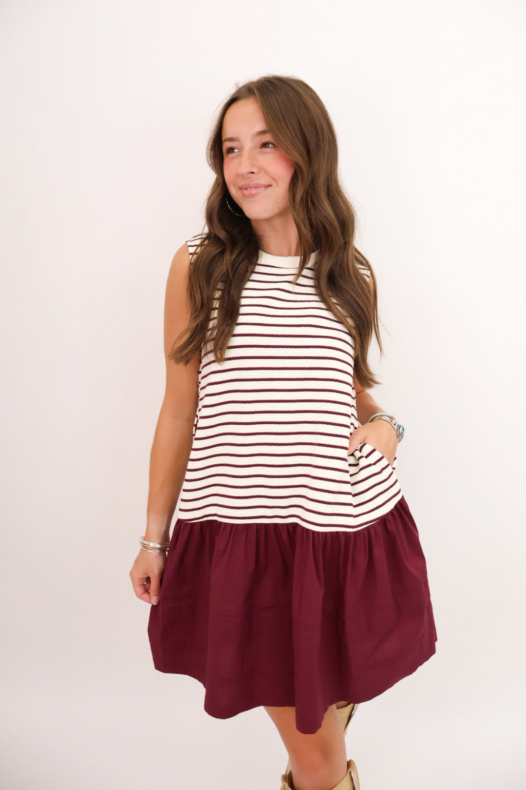 Striped Drop-Waist Dress - Marooon