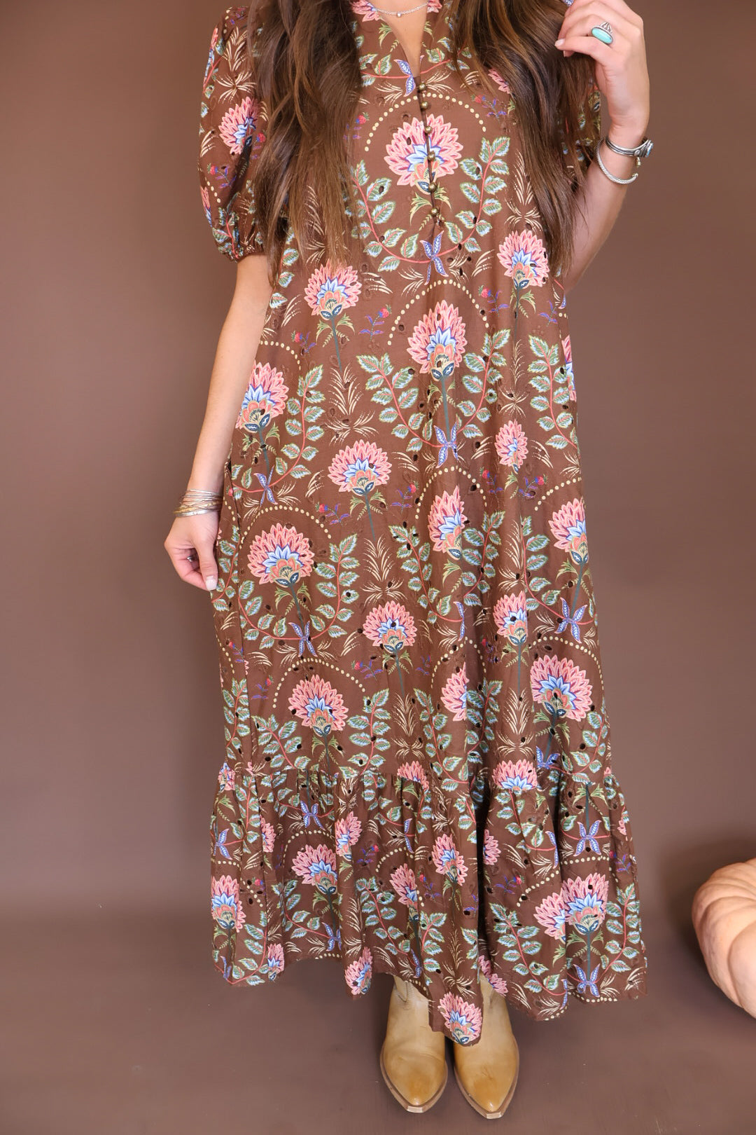 Brown Floral Eyelet Midi Dress — close-up of eyelet skirt and flounced hem.