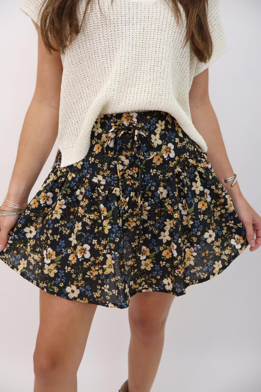 Black Fall Floral Mini Skirt