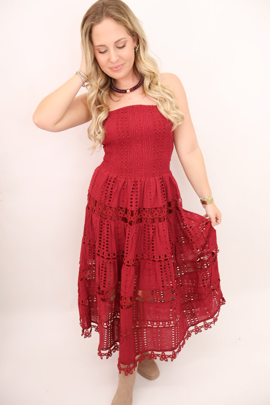 Strapless Eyelet Midi Dress - Crimson