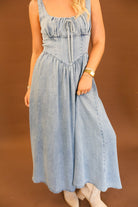 Chambray corset midi dress with tie-front detail