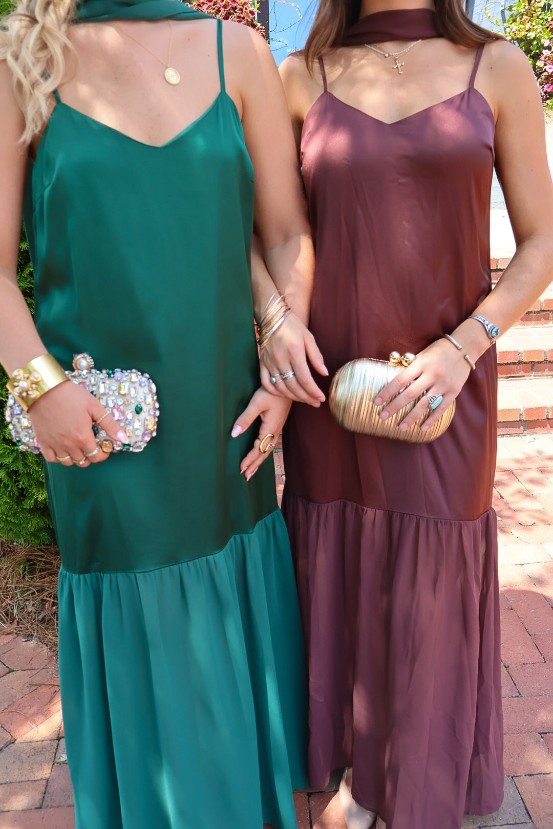 Emerald green satin slip maxi dress with adjustable straps and a detachable neck scarf
