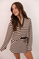 Casual Brown & Off White Striped Skort Set