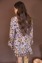 Floral Print Belted Long Sleeve Mini Dress — back view.