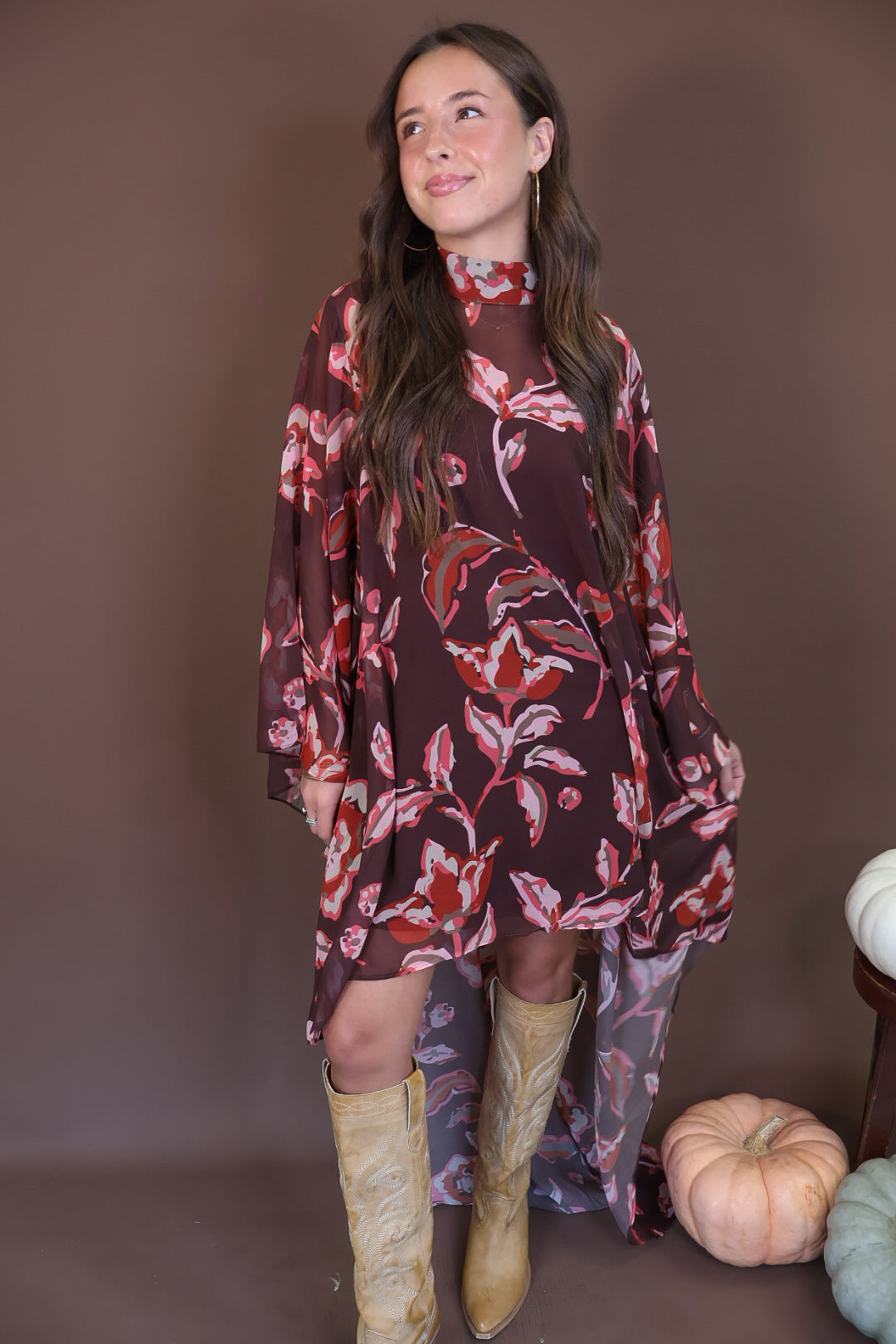 Burgundy And Brown Floral High-Low Maxi Dress — front view.