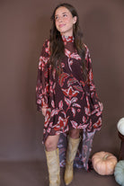 Burgundy And Brown Floral High-Low Maxi Dress — front view.
