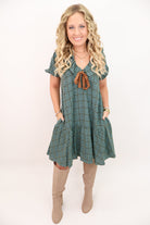 Green Plaid Bow Tie Babydoll Dress