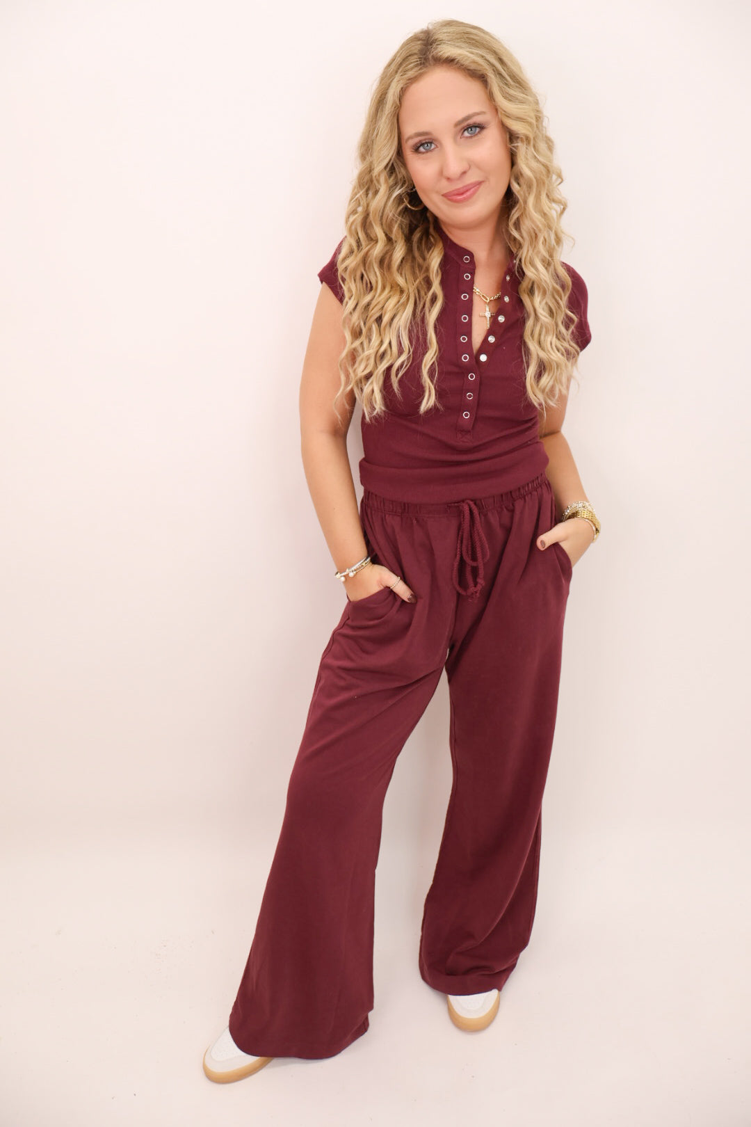 Short Sleeve Henley and Pants Set - Wine