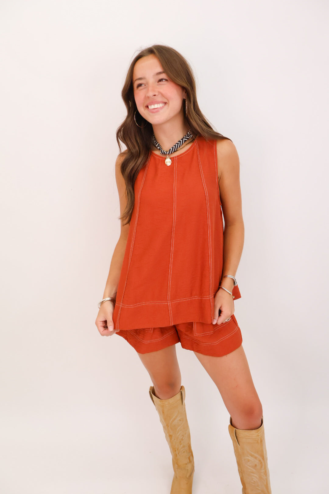Sleeveless Swing Top and Shorts Set - Rust