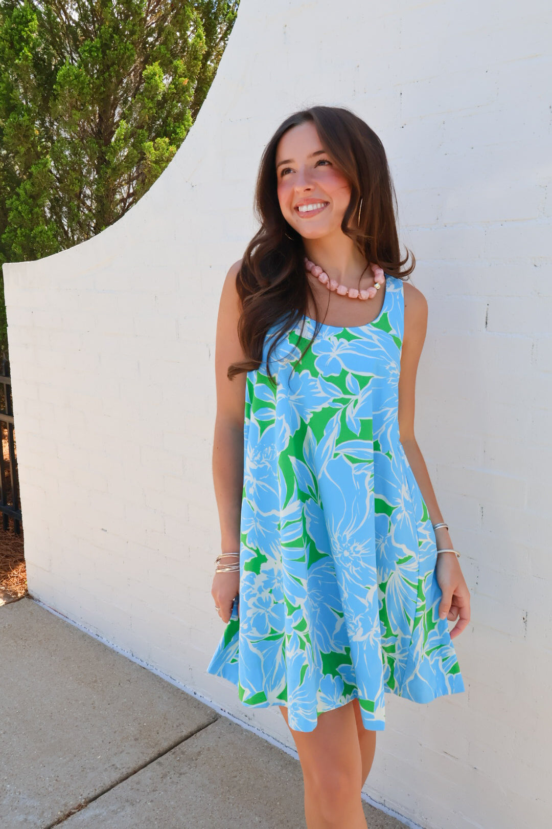 Green and Blue Floral Swing Dress