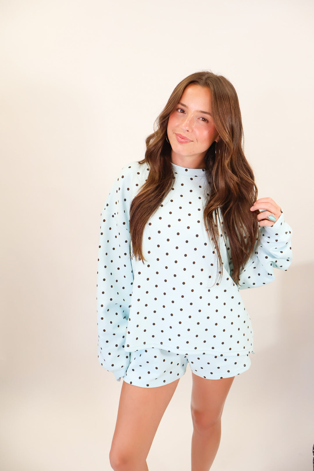 Baby Blue + Brown Polka Dot Shorts Set